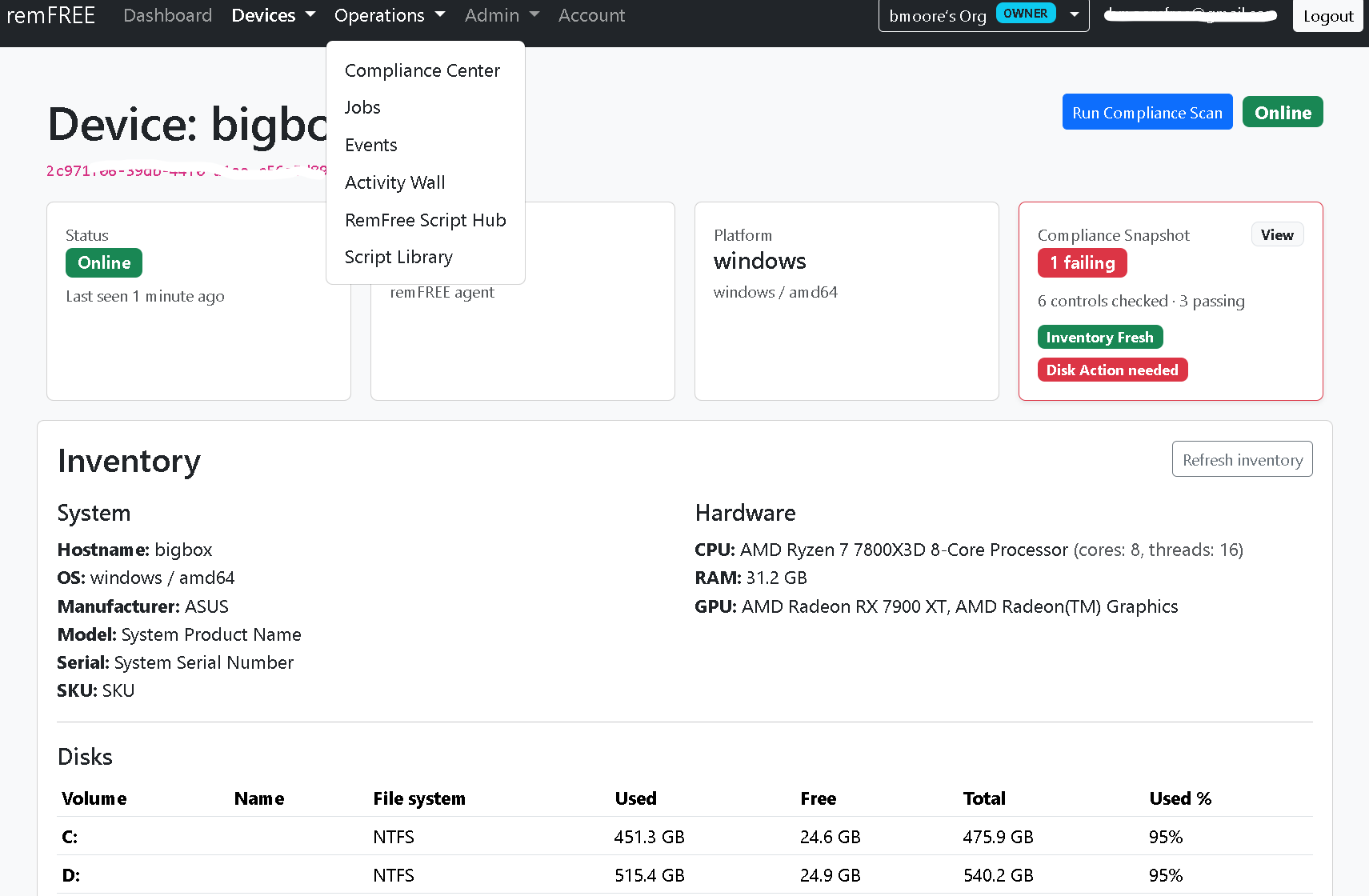 rmmFREE dashboard and device visibility